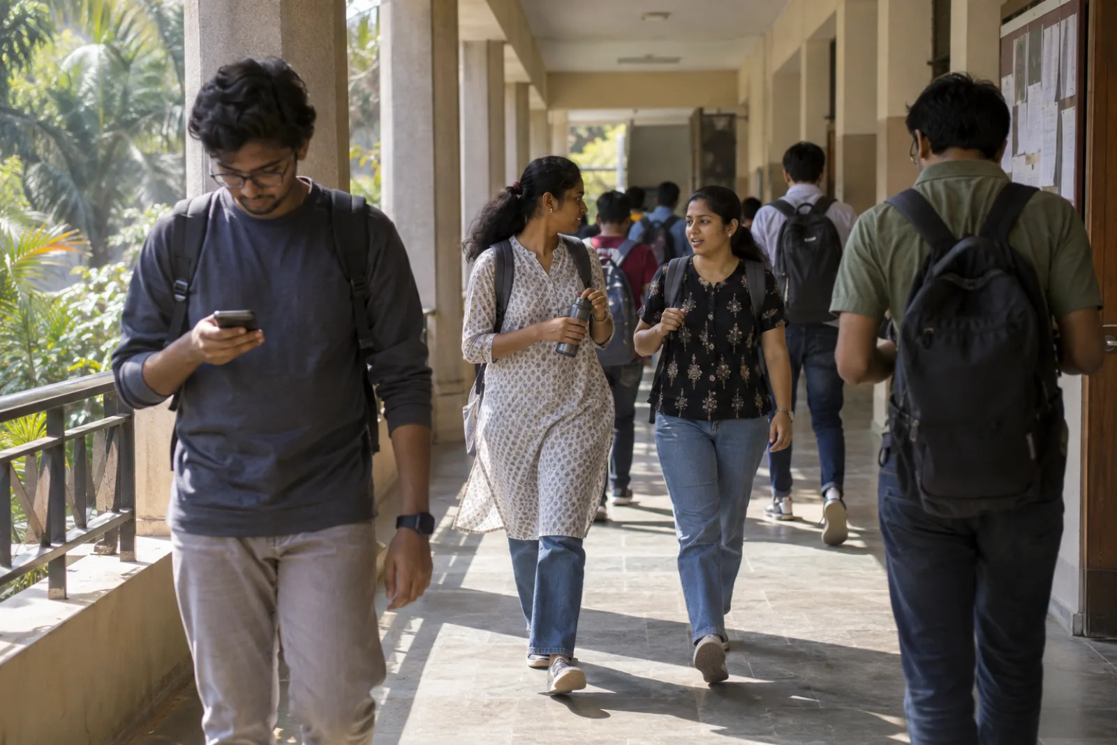 Students walking through a sunlit corridor of an Indian college (illustrative photo)