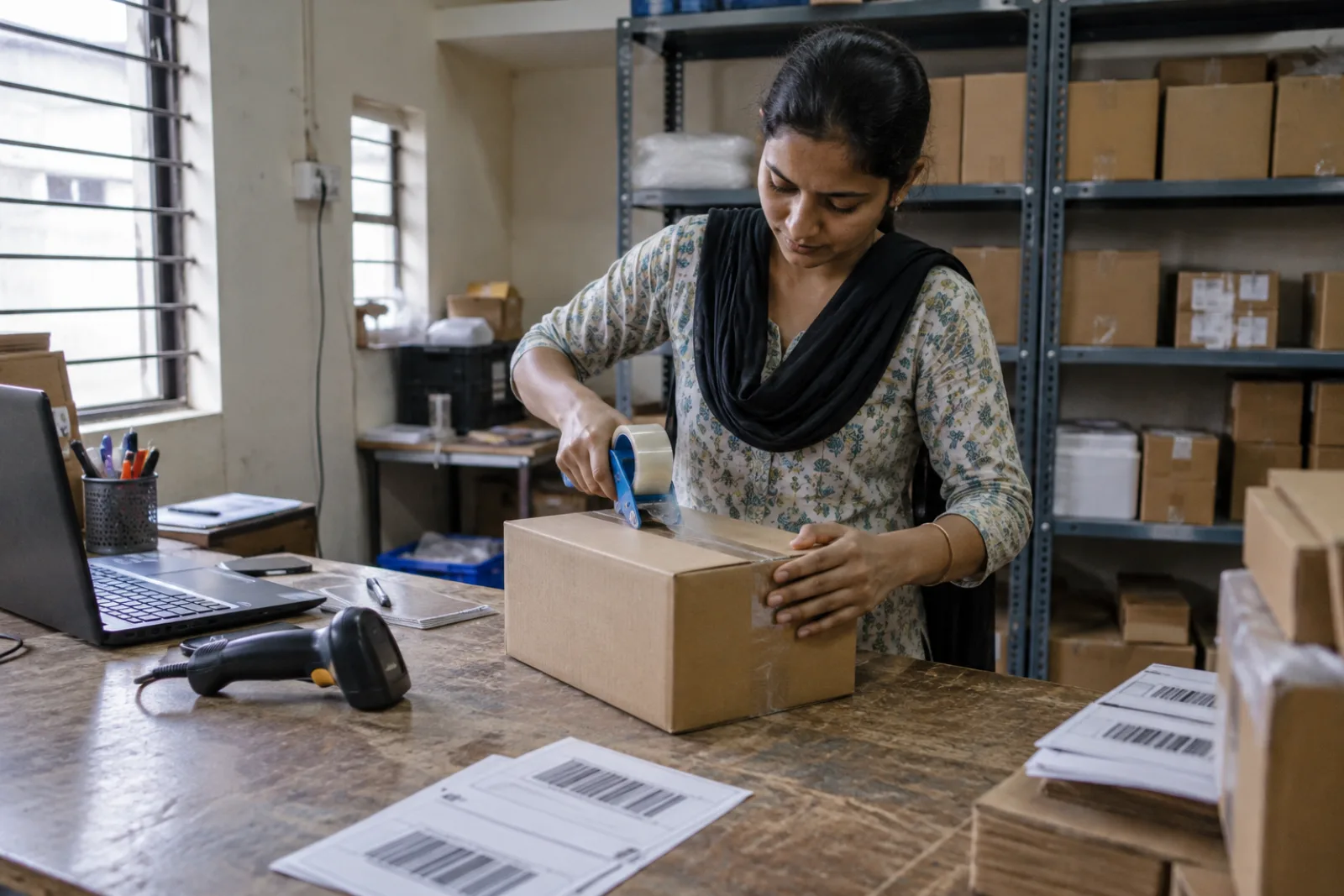 A worker sealing a parcel at a packing table with a barcode scanner and printed labels (illustrative photo)