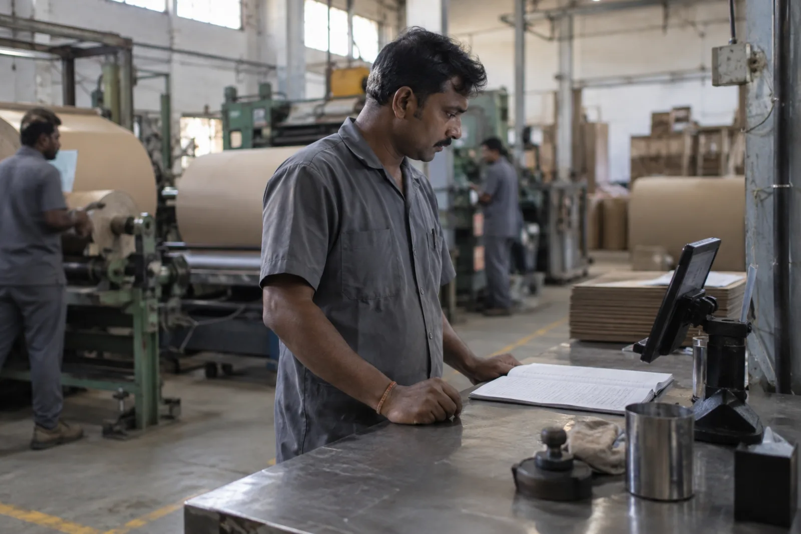 An operator at a steel workbench on a factory floor, checking a paper production register beside a tablet (illustrative photo)