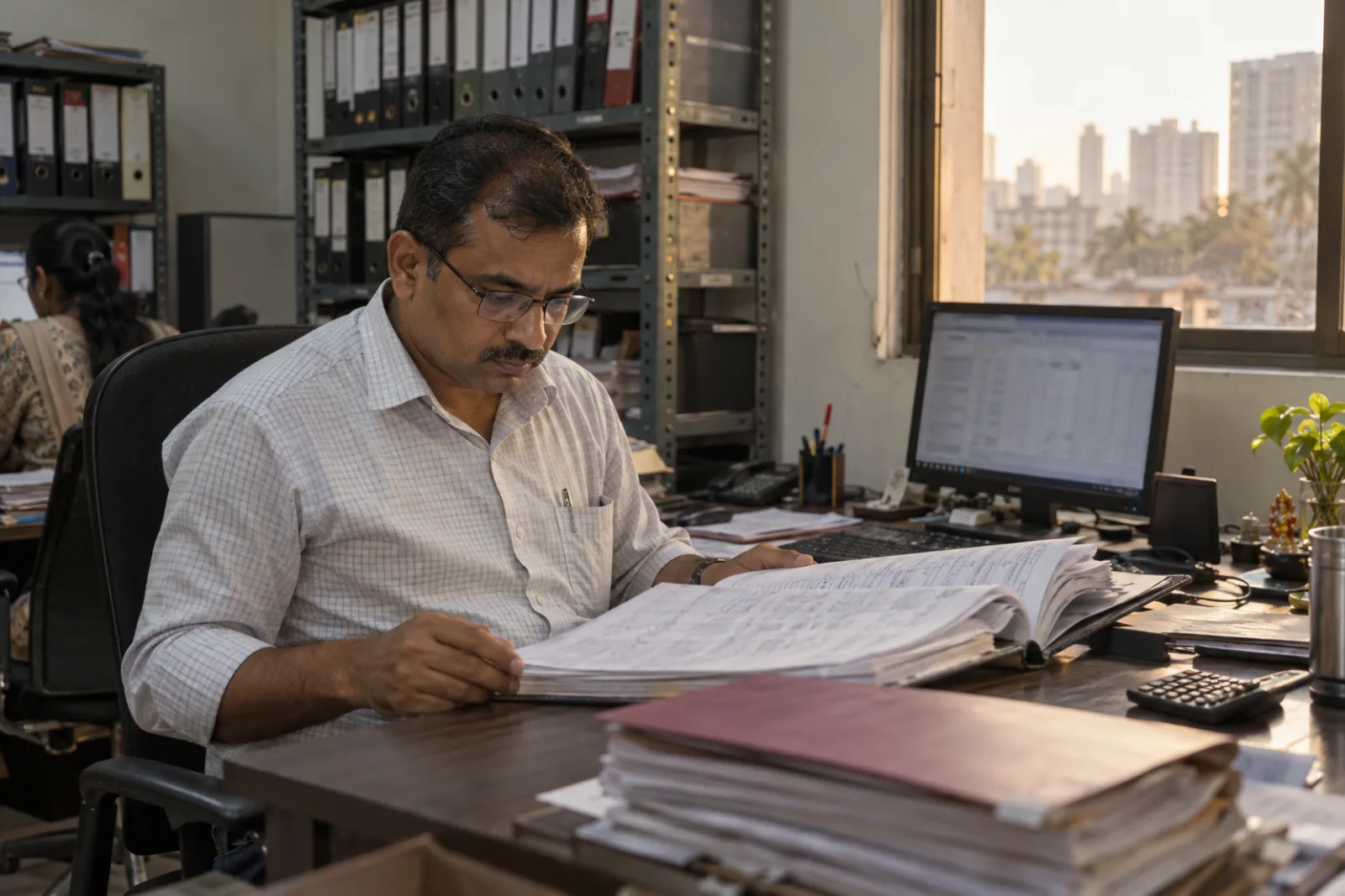 An accountant reviewing a bound ledger at a desk, a spreadsheet on the monitor beside him (illustrative photo)